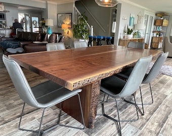 Handcrafted Custom-Made Black Walnut Live-Edge Dining Table with Scorched Edges and Slab Legs