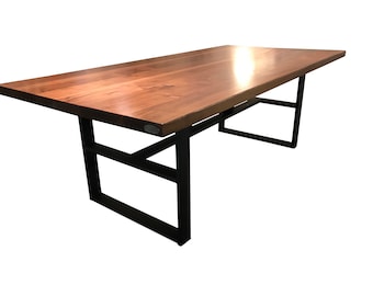 Straight Edge Black Walnut Dining Table with a stylish black steel base