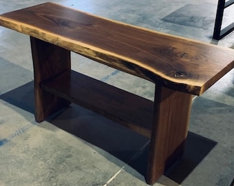 Hand-Crafted Custom-Made Live Edge Walnut Slab Sofa Table with Shelf