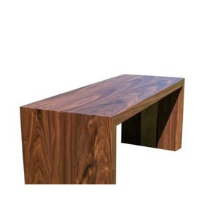 May include: A dark brown wooden bench with a simple, modern design. The bench has a rectangular top and a single, open frame.
