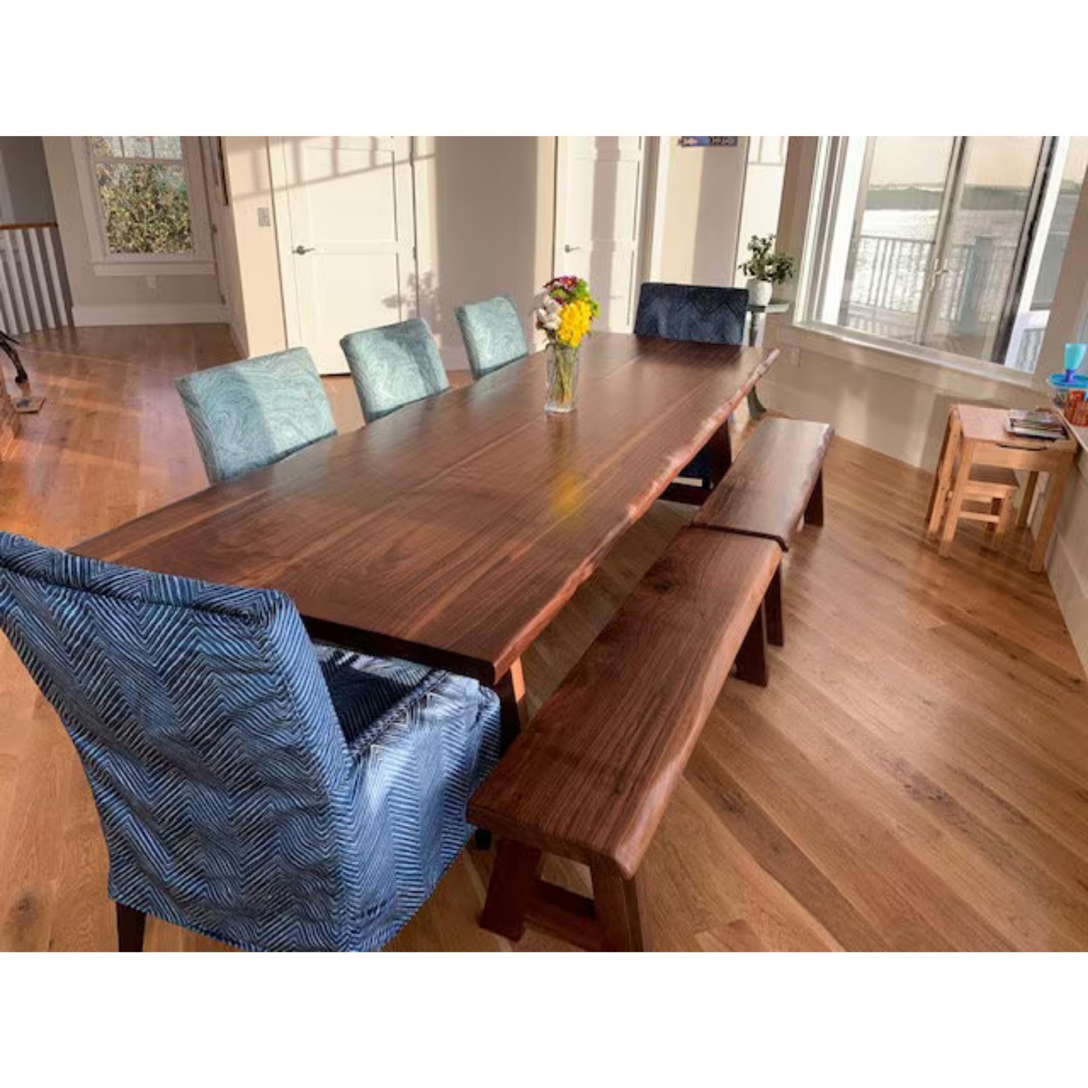 Hand-Crafted Custom-Made Farmhouse Style Walnut Dining Table with Sculped Live Edge and Farmhouse Style Base