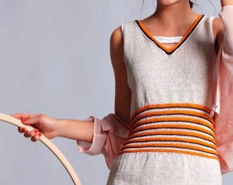 Multi Striped Dress Sleeveless Hand Knitted Cotton Blend Women Ladies