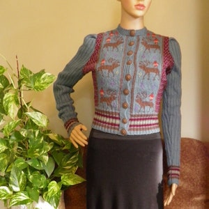 Op de afbeelding: Een cardigan met knopen en een hertenpatroon in blauw, bordeaux en bruin. Gecombineerd met een lange zwarte rok. De outfit wordt getoond op een mannequin.