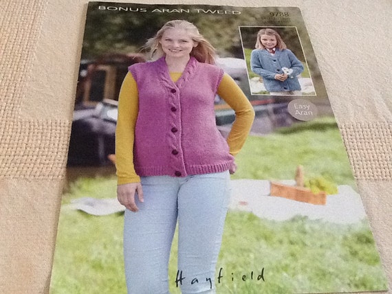 Knitting Pattern Ladies Aran Worsted Jacket And Waistcoat Easy Aran 24 26 44 46 Simple Cable V Neck Hayfield