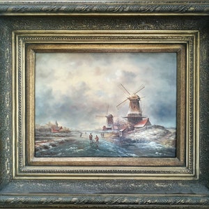 Antique Style Large Dutch School oil Painting the painting of a windmill &  people walking in a Dutch winter landscape Signed D Vander Heide