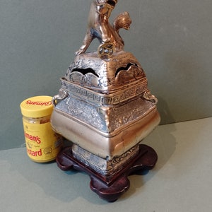 Antique 19th Century Chinese heavy Gilt Bronze Censor incense burner Foo Dog On Stand