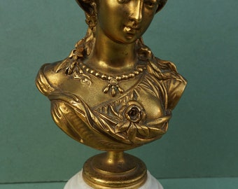 Fine quality antique French gilt bronze bust of a lady signed Albert - Ernest Carrier Belleuse circa 1890 on marble base beautiful quality