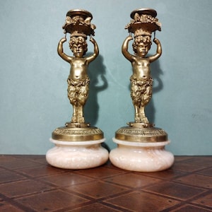 Pair Fine Quality Antique French Gilt Bronze Ormolu Candlesticks Bacchic Fauns on onyx bases 25.5 cm high very heavy
