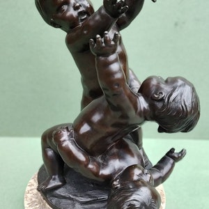 Antique French Cast Heavy Bronze Sculpture of three Cherubs - Putti Frolicking on marble base 6.3kg 28 cm high