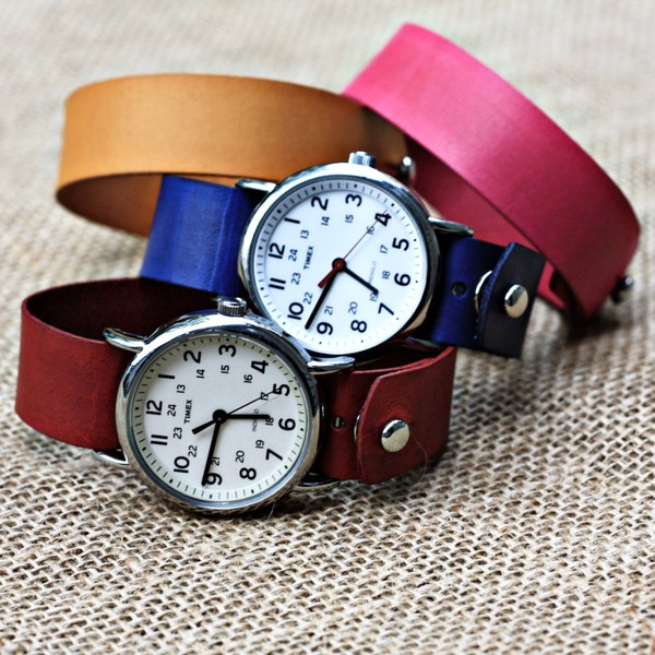 Slide Through Leather Watch Strap in Red, Blue, Green, Yellow, or Pink