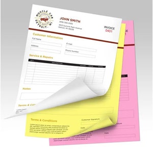 May include: A stack of automotive repair invoices in white, yellow, and pink. The top invoice is white with the business name "Muscle Car Restoration Detroit MI" and customer information fields. The yellow and pink invoices are visible underneath.