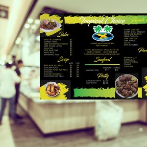 May include: A menu for Tropical Choice Jamaican & American Restaurant, featuring lunch and dinner options. The menu includes a variety of dishes, including curry chicken, jerk chicken, and stew chicken. There are also sides, soups, seafood, and porridge options.