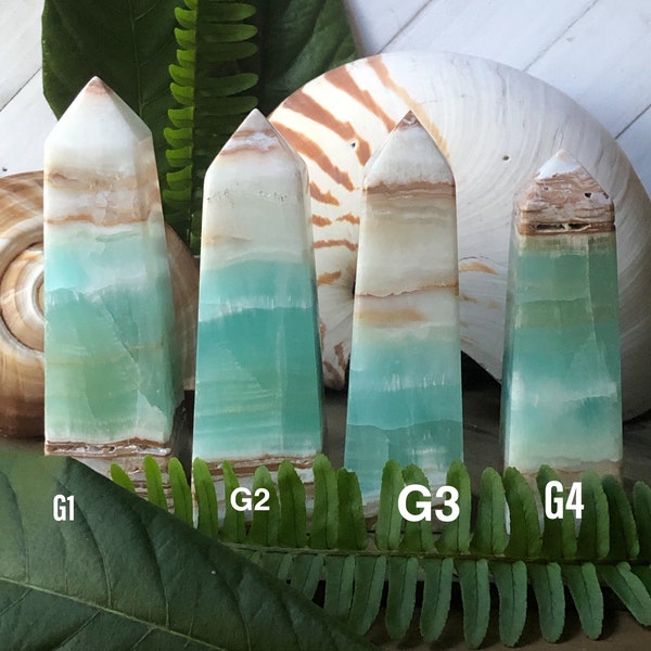Calcita del Caribe, Torre de Calcita del Caribe, Calcita pistachio, Aragonita, Calcita Azul, Obelisco de Calcita, Calcita de espuma marina, Azul caribeño