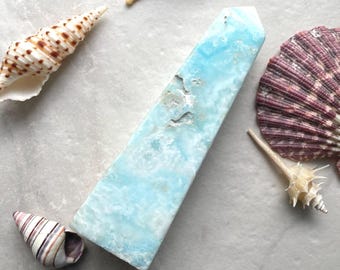 Caribbean Calcite Tower: Blue Aragonite Crystal Obelisk, Beach Decor