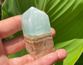 Caribbean Calcite Tower: Seafoam Green Crystal Point, Beach Decor