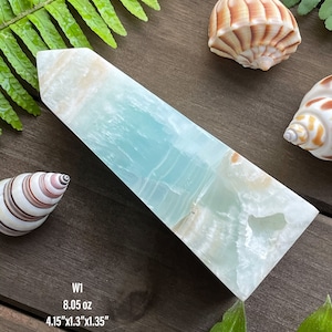 Caribbean Calcite, Crystal Obelisk, Beach Lover Gift, Blue Green Crystal Towers, Crystal for Sleep, Aqua Seafoam Calcite, Ocean Home Decor