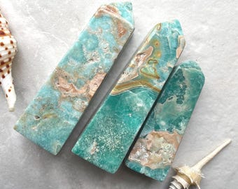 Blue Green Smithsonite Tower: Aragonite Crystal Healing Stone