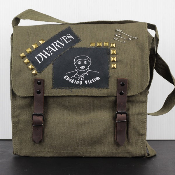 Vintage Canvas Army Medic Bag with Silk-Screened Punk Patches, Studs and Safetly Pins - Free US Shipping
