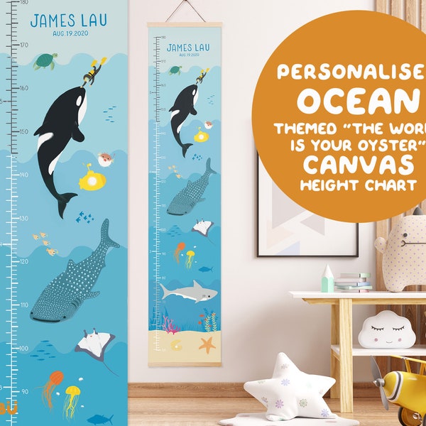 Personalise Ocean themed canvas growth / height chart with sharks and whales | Customise the drawings & name for a timeless gift