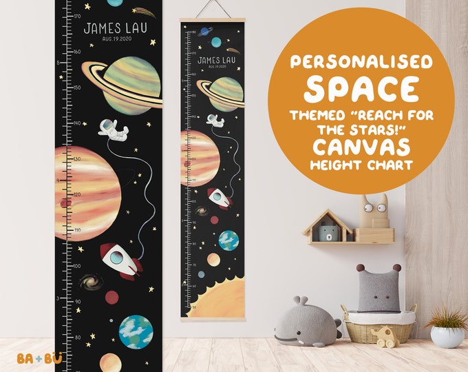 Personalise drawings & name outer space themed canvas fabric growth / height chart | Reach for the stars!