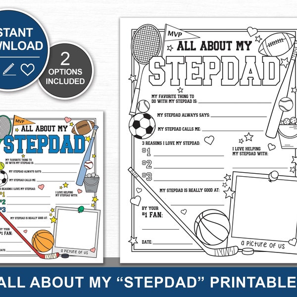 All About My Stepdad Fathers Day Gift Printable, Personalized DIY Coloring Page for Step Dad, Fill in the Blank Birthday Questionnaire