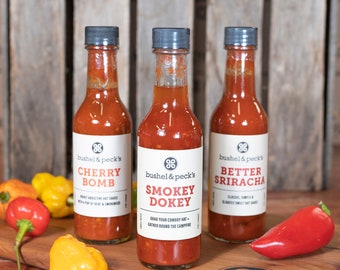 B&P Fiesta Favorites! Hot Sauce Trio - Small Batch Handmade Hot Sauce Gift Box Cherry Bomb, Better Sriracha, Smokey Dokey