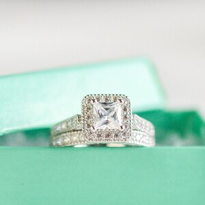 Wedding Ring Set - Princess Cut Ring - Sterling Silver Ring - Engagement Ring - Halo Engagement Ring - 1 Carat - Art Deco Ring