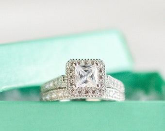 Wedding Ring Set - Princess Cut Ring - Sterling Silver Ring - Engagement Ring - Halo Engagement Ring - 1 Carat - Art Deco Ring