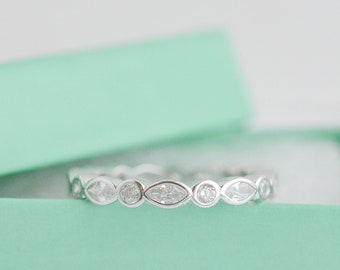 Art Deco Wedding Band - Full Eternity Band - Vintage Style Band - Sterling Silver Band - Marquise & Dot Ring - Stacking Ring