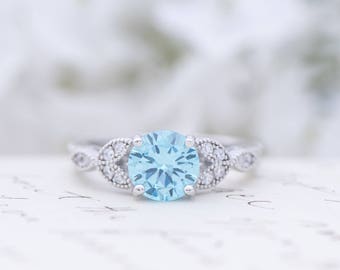 Art Deco Engagement Ring - Vintage Inspired Ring - Antique Style - Blue Topaz -  Round Cut Solitaire Ring - 1.2 Carat - Sterling Silver