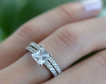 Princess Cut Engagement Ring Set - Wedding Ring - Sterling Silver