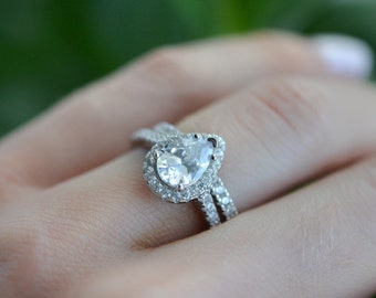Anello Halo con Moissanite taglio a pera: anello di fidanzamento in oro bianco 14k - Italia