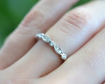 Art Deco Wedding Band - Full Eternity Band - Vintage Style Band - Sterling Silver Band - Marquise & Dot Ring - Stacking Ring