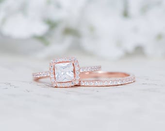 Rose Gold Halo Engagement Ring - Sterling Silver Wedding Ring - Small Ring - Wedding Ring Set - Cushion Cut Ring - 1/2ct Ring