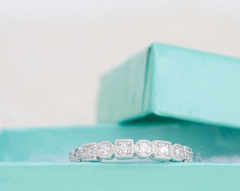 Art Deco Wedding Band - Stacking Ring - Half Eternity Band - Circle & Square Ring - Milgrain Band - Vintage Style - Sterling Silver