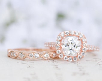 Rose Gold Wedding Set - Art Deco Ring - Engagement Ring - Wedding Ring - Cushion Cut Ring - Halo Ring - Sterling Silver - Vintage Inspired