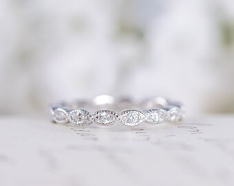 Art Deco Wedding Band - Full Eternity Ring - Stacking Ring - Marquise Ring - Dainty Band - Thin Ring - Sterling Silver