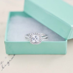 Wedding Ring Set - Cushion Cut Ring - Sterling Silver Ring - Engagement Ring - Cubic Zirconia Ring - Halo Engagement Ring - 1 Carat