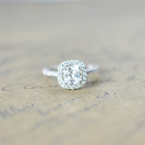 Cubic Zirconia Halo Ring Cushion Cut Ring Sterling Silver Etsy