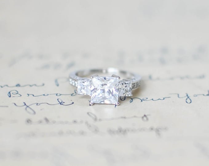 SALE Cubic Zirconia Engagement Ring CZ Wedding Ring 3 Stone Ring