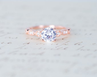 Rose Gold Engagement Ring - Art Deco Ring - Promise Ring - Vintage Ring - Wedding Ring - Sterling Silver