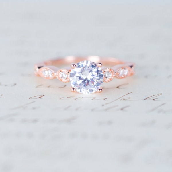 Rose Gold Engagement Ring - Art Deco Ring - Promise Ring - Vintage Ring - Wedding Ring - Sterling Silver