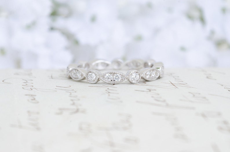 Art Deco Wedding Band Full Eternity Band Vintage Style Band Sterling Silver Band Marquise & Dot Ring Stacking Ring Milgrain Band image 2