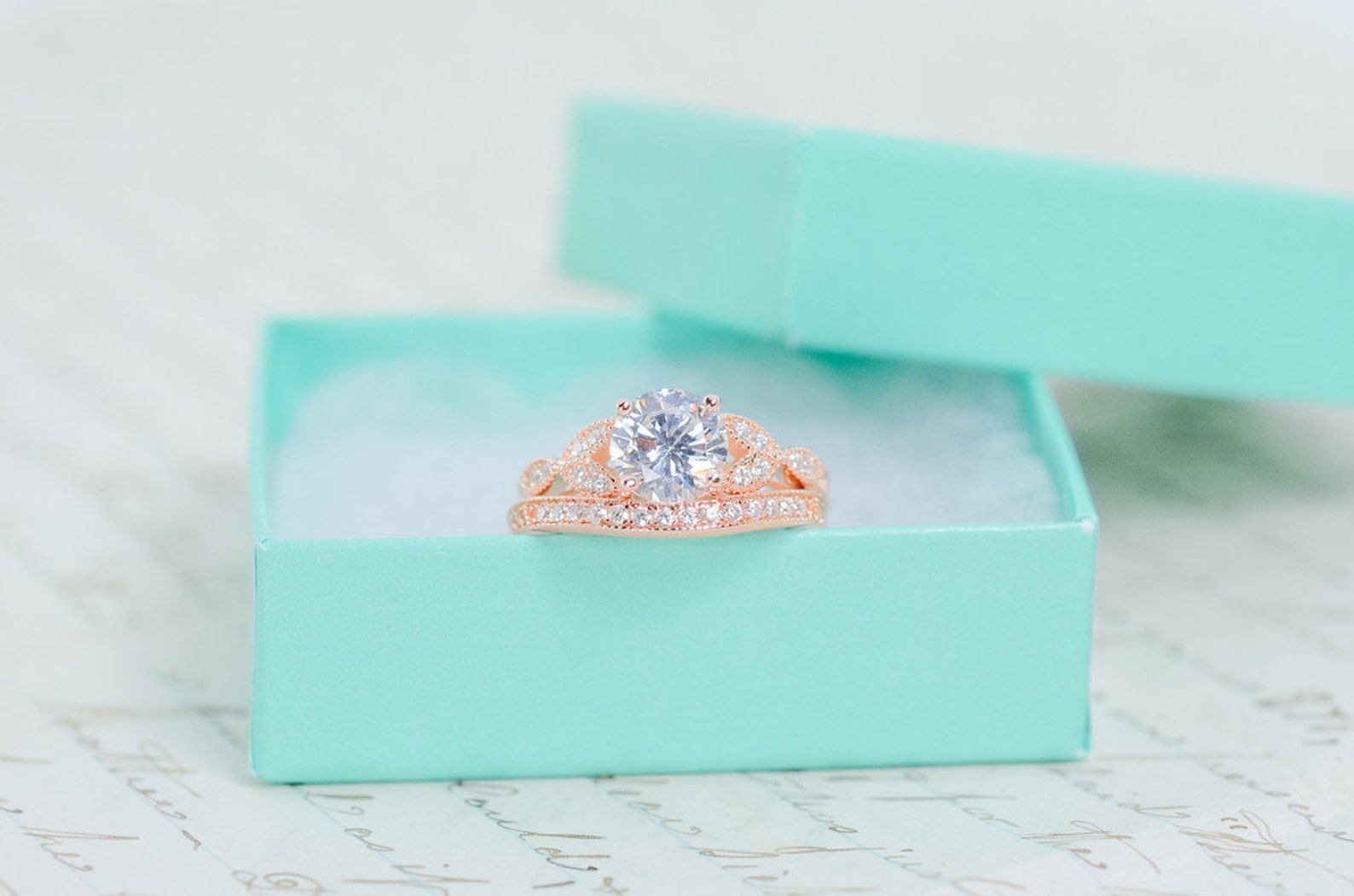 Rose Gold Wedding Ring Set Art Deco Engagement Ring Etsy