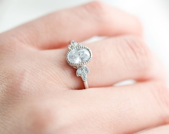 Art Deco Engagement Ring - Vintage Style Ring -Sterling Silver - Flower Ring - Solitaire Ring - Oval Cut Ring - Unique Ring