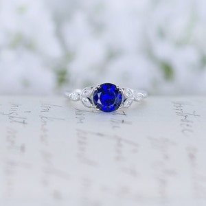 Blue Sapphire Engagement Ring - Art Deco Ring - Vintage Style Ring -  Flower Ring - Solitaire Ring - Round Cut Ring - Sterling Silver