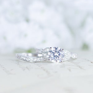 Art Deco Engagement Ring - Vintage Inspired Ring - Antique Style - Wedding Ring Set - Round Cut Solitaire Ring - 1.2 Carat - Sterling Silver