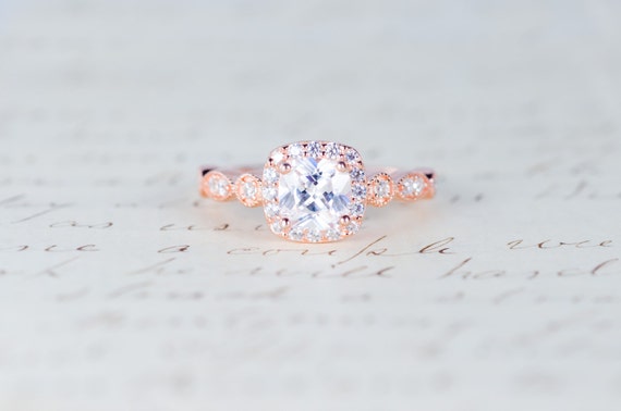 Rose Gold Engagement Ring Cushion Cut Halo Ring Art Deco Etsy