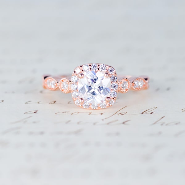 Rose Gold Engagement Ring - Cushion Cut Halo Ring - Art Deco Ring - Promise Ring - Vintage Ring - Wedding Ring - Sterling Silver