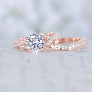 Rose Gold Wedding Ring Set - Art Deco Engagement Ring - Vintage Inspired Ring - Antique Style - Round Cut Ring - 1.2 Carat - Sterling Silver